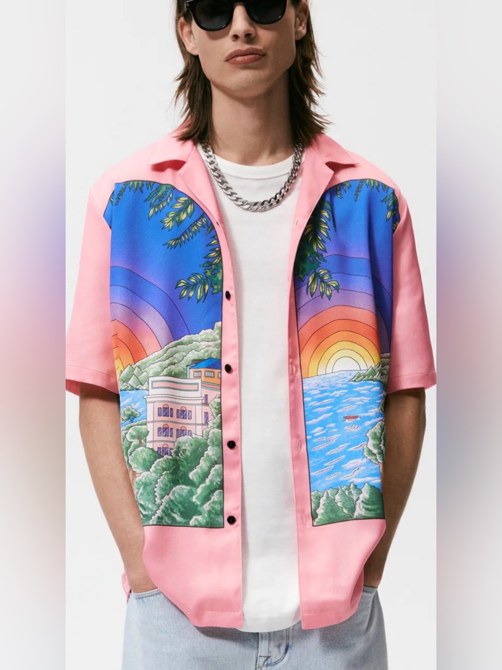 207🌟 Zara Pink Scenic Print Resort Shirt | Oversized Button Up